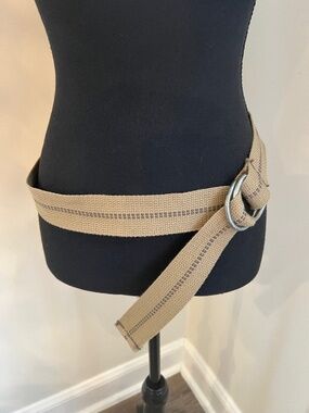 Men's Medium Webbed Cotton Khaki and Grey Double D Ring Buckled Belt